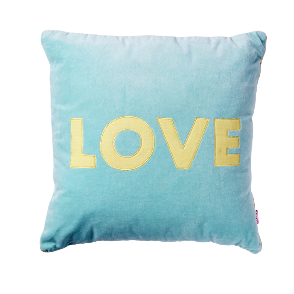 Square Dark Mint Velvet Cushion ''LOVE'' By Rice DK